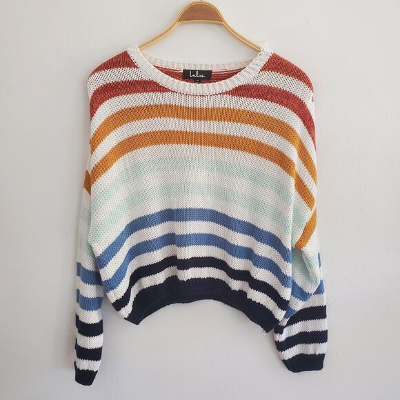 Lulus Sweaters - Lulus Charli Blue Striped Loose Knit Sweater Drop Shoulder Crewneck